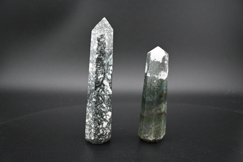 Moss Agate Towers - Elegant Eight-Sided Beveled Base