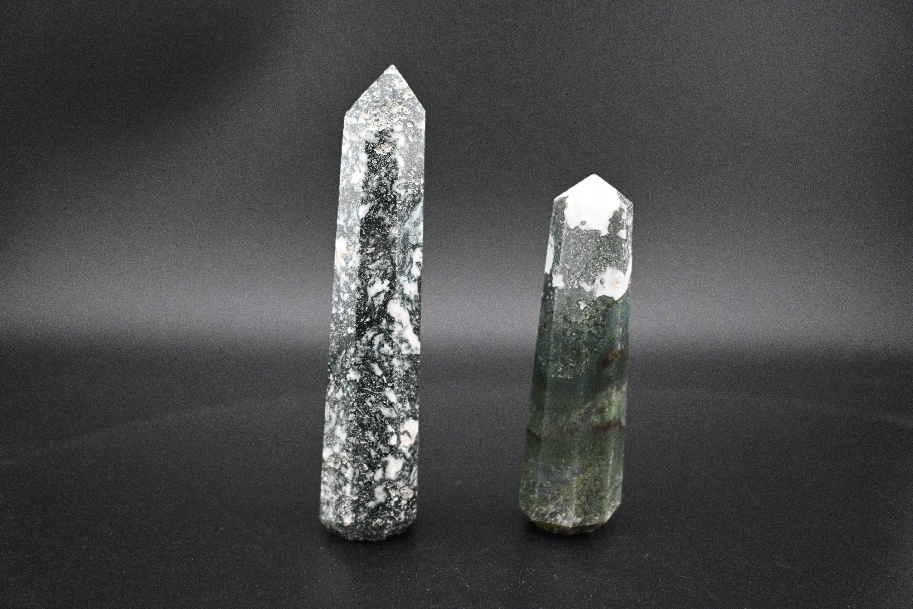 Moss Agate Towers - Elegant Eight-Sided Beveled Base