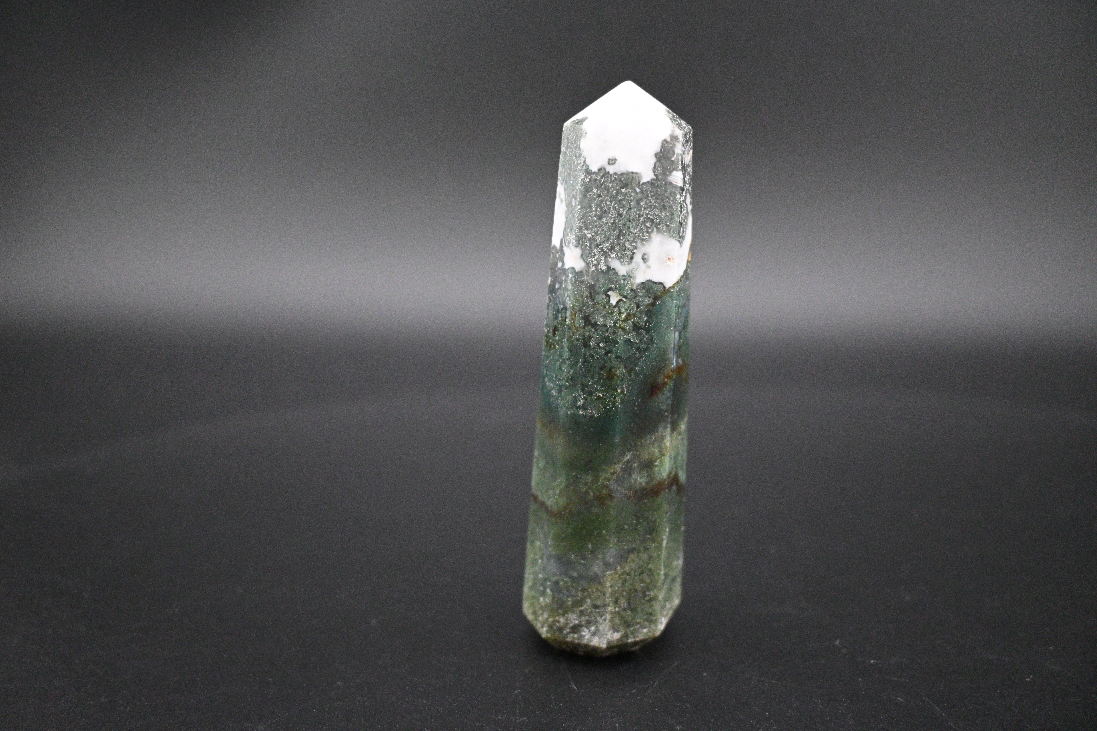 Moss Agate Towers - Elegant Eight-Sided Beveled Base